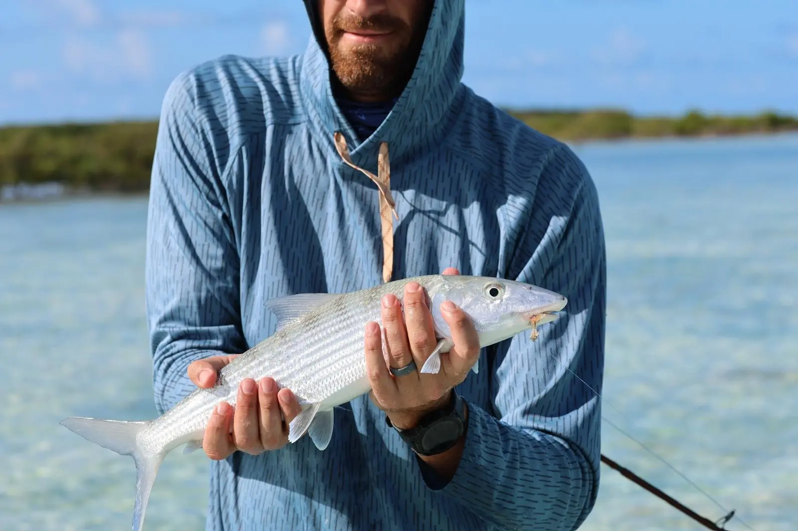 Close view of a bonefish caught on the Exuma flats